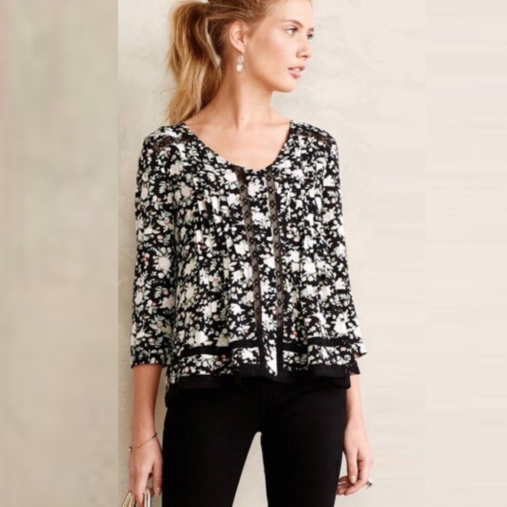 Anthropologie Maeve Ceylon Floral Print Lace Peasant Top Womens Size 12 Bohemian